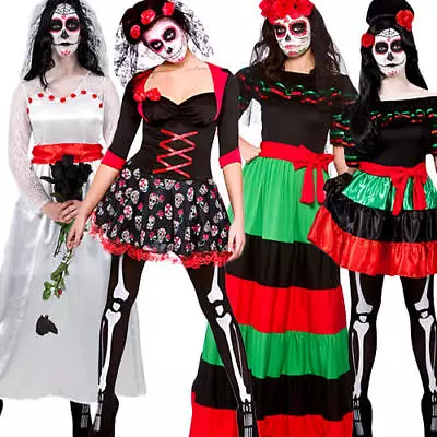 Day Of The Dead Ladies Fancy Dress Mexican Undead Adults Womens Costumes Outfits • £23.99