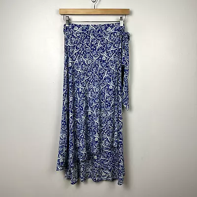 Nieves Lavi 100% Silk Tiered Wrap Skirt Size L Blue Paisley Print Knee Length • $49.95
