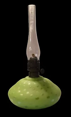 Antique Green Satin MOP Empress Raindrop Pattern Miniature Oil Lamp E. M. Burner • $250