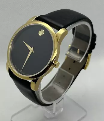 Movado 0606876 Men's Museum Gold Steel Black Leather Sapphire Swiss Watch 40mm • $220
