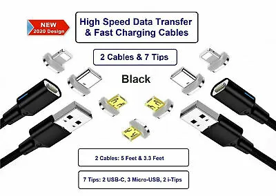 USB Magnetic Cable Data & Fast Charging 2 Cables & 7 Assorted Tips - BLACK • $12.99