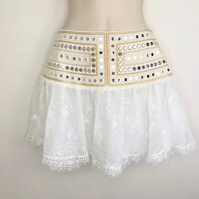 Ixiah Womens Mini Skirt Size 8 White With Beige Embroidery Mirrored Sequins • $129