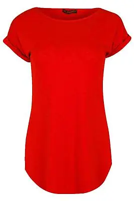 Ladies Curved Hem Jersey Plain Top Womans Round Neck Turn Up Cap Sleeve T Shirt • £4.49