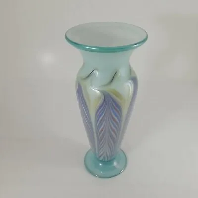 Vtg Vandermark & Smarr Signed Pulled Feather Iridescent Art Glass Vase 9 1/4  T • $160