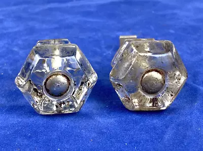 Pair Antique 6 Sided Hexagon Glass Pulls Cabinet Or Drawer Pulls No Chips! • $16