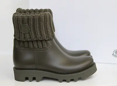 Sz 6.5 US / 37 Moncler Green Rubber Ginette Waterproof Rain Pull On Boot Shoes • $375