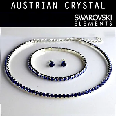 Blue Swarovski Elements Choker Tennis Bracelet Earrings Studs Jewelry Set • $29.95