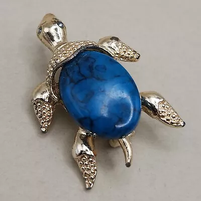Vtg Sea Tortoise Turtle Brooch Gerry's Faux Turquoise Blue Silver Tone Pin • $12.99