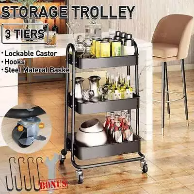 Kitchen Trolley Cart 3 Tier Steel Shelf Organiser Wheels Black Rolling Storage • $28.99