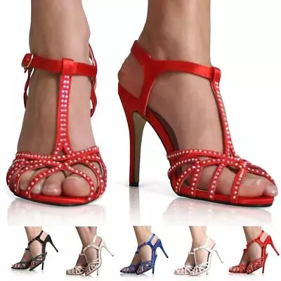 £8.49 • Buy Women Ladies Diamante Bridal Ankle Strap Wedding Prom Party Shoes