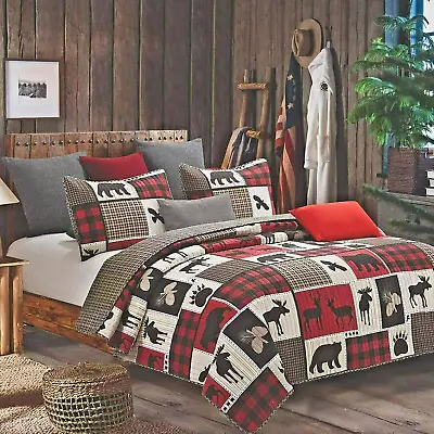Rustic Bear Cabin Lodge Life 3pc KING Quilt Set Red Buffalo Check Plaid Black • $49.97