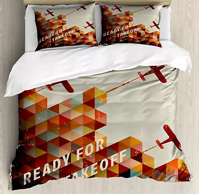 Vintage Airplane Duvet Cover Set With Pillow Shams Geometric Aged Print • $64.95