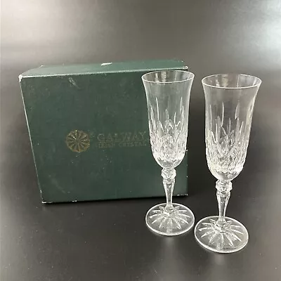 Vtg Galway Irish Longford Crystal Fluted Champagne Glasses Pair W/Box Set Flutes • $44.99