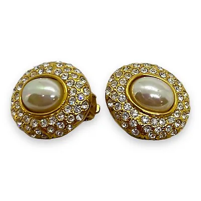 Signed ROMAN Vintage Clip Earrings Faux Pearl With Pave Crystals • $29.99