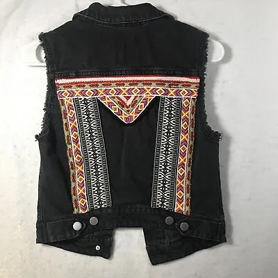 H&M Coachella Denim Vest Distressed Size 4 Black Aztec/American Indian Design • $7.14