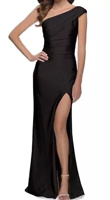 NWT La Femme Black Ruched One-Shoulder Shiny Jersey Gown Size 10 $328 • $62