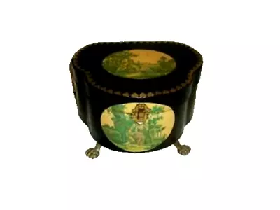 Vintage French Decoupage Dresser Jewelry Box Toile Wood Brass Feet Green Brocade • $89.98