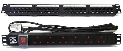 Cat6 19  24 Port Patch Panel + 6 Way Power Unit Comms Rack Data Network Cabinet • £49.96