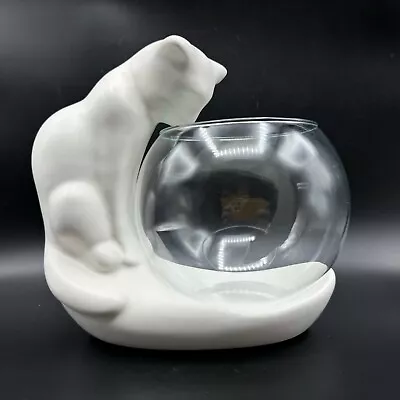 Vtg 1999 HAEGER Ceramic Cat Looking At Glass Fish Bowl WHITE MATTE 335-59 • $59.95