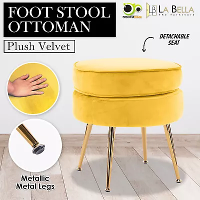 Velvet Ottoman Round Foot Stool Rest Pouffe Metal Leg Padded Seat Footstool - YE • $64