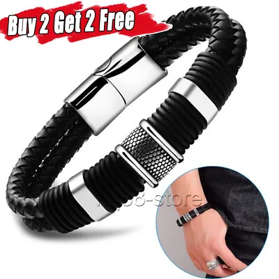 £3.76 • Buy Men's Stainless Steel Leather Bracelet Magnetic Silver Clasp Bangle Black