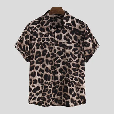 Fashion Men's Short Sleeve Leopard Printed Shirt Beach Party Shirts Tops Blouse • £14.09