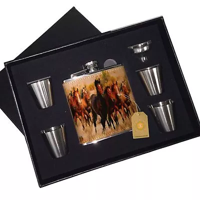 Wild Mustang Horses Western Prairie Leather Flask Black Box Gift Set • $28