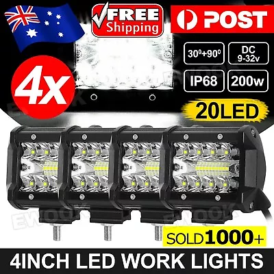 4X 4inch 200W LED Work Lights Bar Spot Flood Light Bar Reverse 4WD 12V 24V OZ AU • $17.95