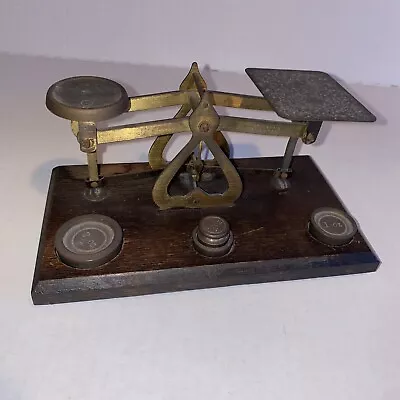 Vintage Antique Metal & Wood 7in X 4in Balance Scale With Small Stack Of Weights • $150