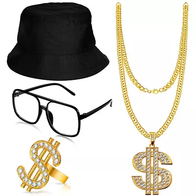 80s 90s Party Hip Hop Costume Rapper Necklace Set Bucket Hat Flat Top Sunglasses • $18.23