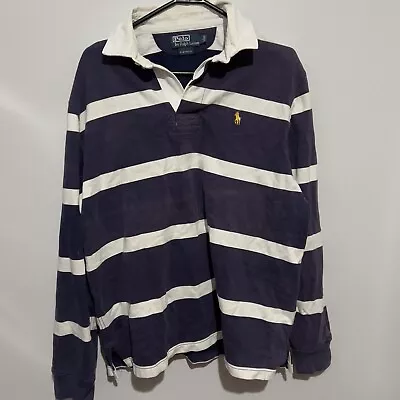 Ralph Lauren Polo Shirt Mens Medium Navy Stripe Casual Long Sleeve Rugby Large • $39.90