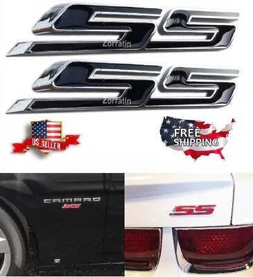 TWO BLACK & CHROME SS Badge Fender Trunk Emblem For Chevy Camaro Cobalt Impala • $13.49
