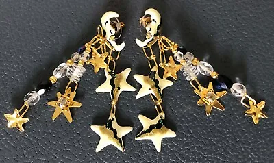 Lunch At The Ritz Enamel Pierced Earrings Celestial Moon & Stars Signed • $68