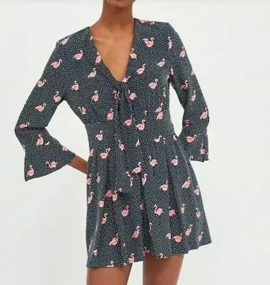 ZARA Women's Size L Jumpsuit Flamingo Romper Playsuit Polka Dot V-neck Navy Pink • $26.99