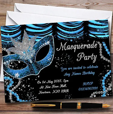 Blue & Black Mask Masquerade Ball Personalised Party Invitations • £9.99