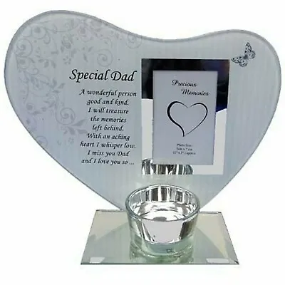 £10.39 • Buy Heart Shape Glass Photo Frame Special Dad Memorial Tealight Candle Holder Plaque