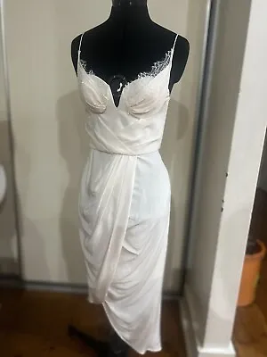 $120 • Buy Zimmerman White Silk Plunge Drape Maxi Dress Lace Bralette Detail Size 1 
