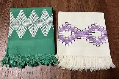 PAIR VINTAGE EMBROIDERED Hand Towels. Teal And White Purple Appear Unused 70’s • $12