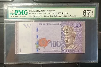 Malaysia Banknote Rm100 Pmg67epq Low Number Bq0000072 Zeti Gabenor • $118