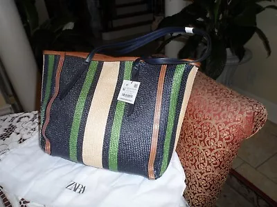 New Zara Raffia Blue Multi Color Striped Large Tote W/Faux Leather Trim • $59