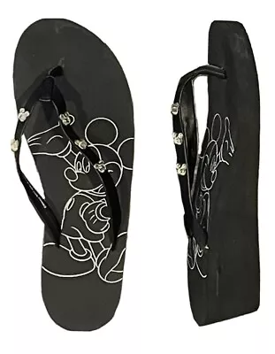 Disney Mickey Mouse Wedge Thong Sandal Flip Flop Women's Sz 10 Black Silver NWT • $19.90