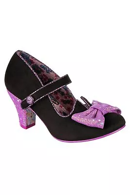 Irregular Choice Piccolo Womens Mid Heel Black Purple Glitter Bow Xmas Wedding • £45