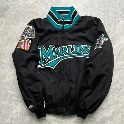 RARE 00s MLB FLORIDA MARLINS MAJESTIC JACKET WORLD SERIES 2003 CHAMPIONS Sz M • $280