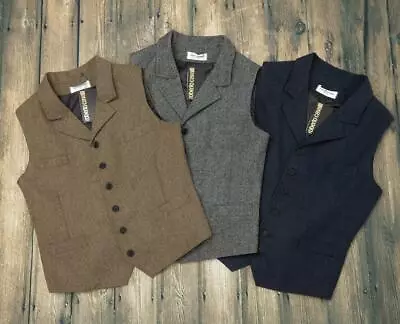 Hot Mens Vintage Tweed Herringbone Vest Lapel Wool Blend British Style Vest Tops • $44.89