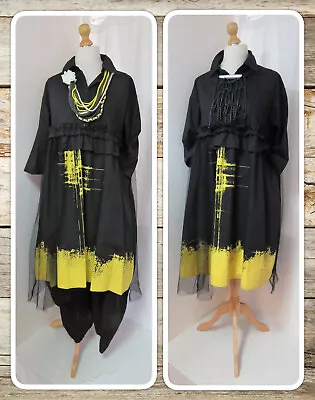 BNWT QUIRKY LAGENLOOK BLACK & YELLOW PRINT DRESS By NESLAY OSFA PLUS • £44.99