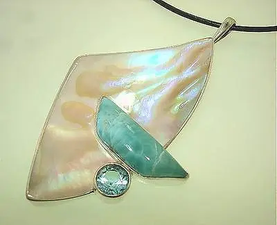 Marta Howell 925 STER Silver Gold Lip Mother Of Pearl Larimar Topaz Pendant #2 • $405