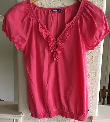 Womens Mexx Short Sleeve Ruffle Blouse Red Guava Pink UK 6 S Cotton Light Weight • $17.09