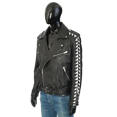 CELINE 6500$ Black Leather Biker Jacket - Triangle Band Calfskin • $3196