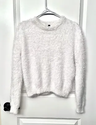 H&M Divided Sweater Women XS White Fuzzy Fleece Pullover Relaxed Preppy • $6