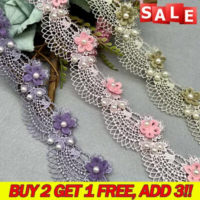 1 Yard Scallop Flower Beaded Embroidered Trim Lace Ribbon DIY Wedding Dress • £3.59